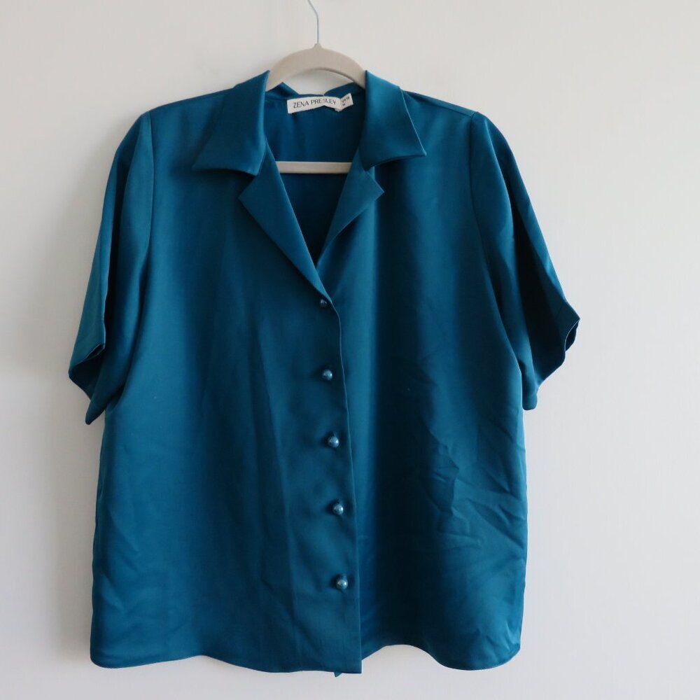 ZENA PRESLEY Teal Satin Drapey Button Front Shirt Top Mob Wives - Women's Sz M - Picture 2 of 10